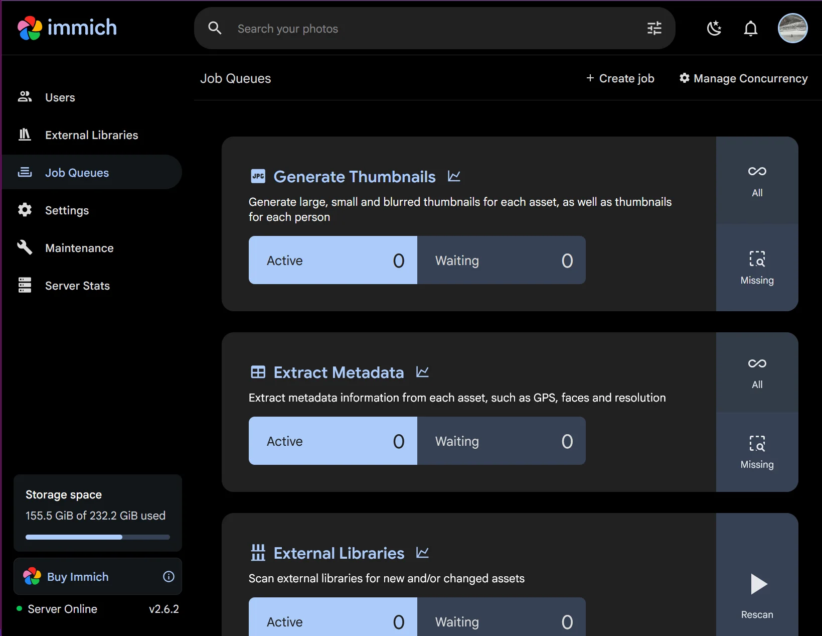 Immich Administration Job Queues page