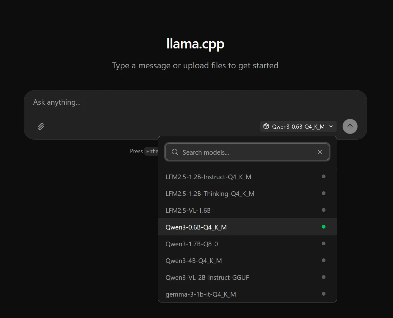 llama cpp web interface showing the chat input box with the dropdown to select models open